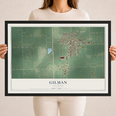 Map of Gilman, Illinois, 18 x 24 inch print in a black wood frame