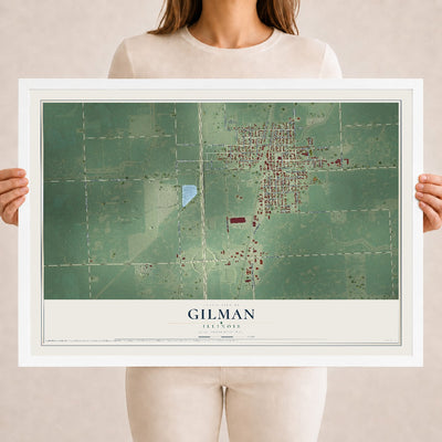 Map of Gilman, Illinois, 18 x 24 inch print in a white wood frame