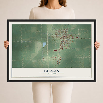 Map of Gilman, Illinois, 24 x 36 inch print in a black wood frame