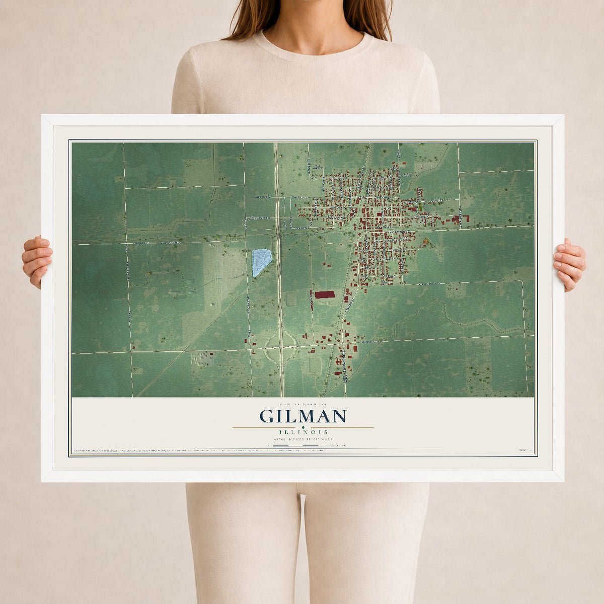 Map of Gilman, Illinois, 24 x 36 inch print in a white wood frame