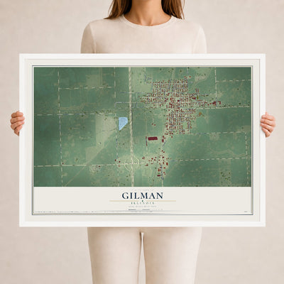 Map of Gilman, Illinois, 24 x 36 inch print in a white wood frame