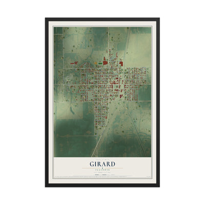 Map of Girard, Illinois, 12 x 18 inch print in a black wood frame