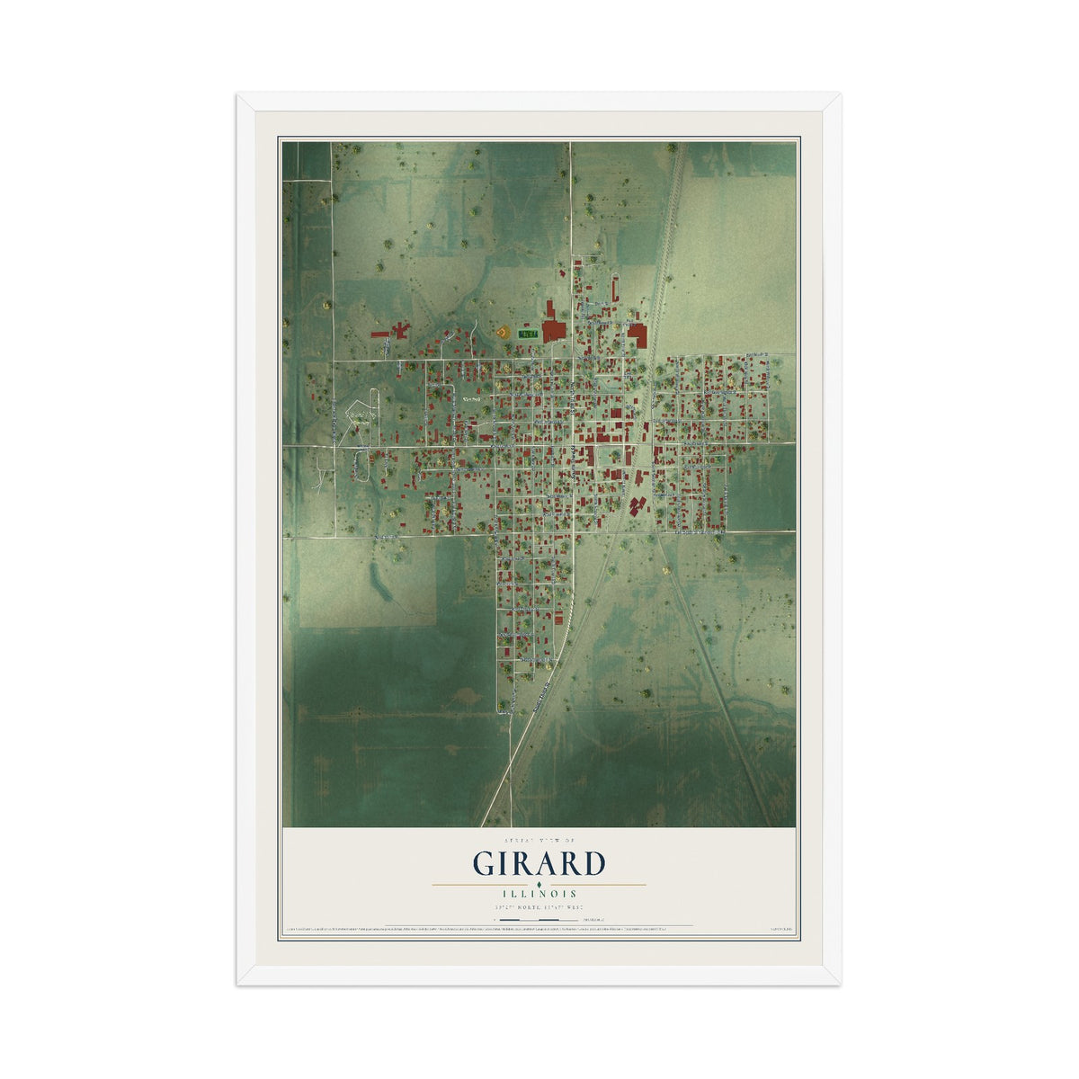 Map of Girard, Illinois, 12 x 18 inch print in a white wood frame