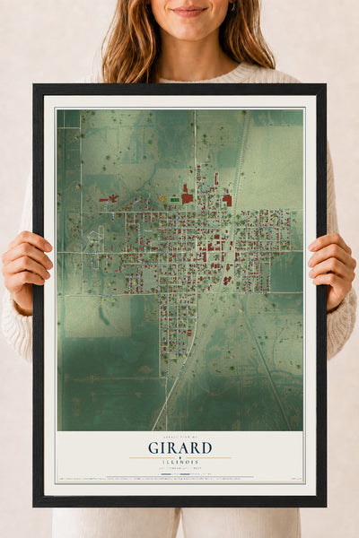 Map of Girard, Illinois, 18 x 24 inch print in a black wood frame