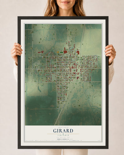 Map of Girard, Illinois, 24 x 36 inch print in a black wood frame