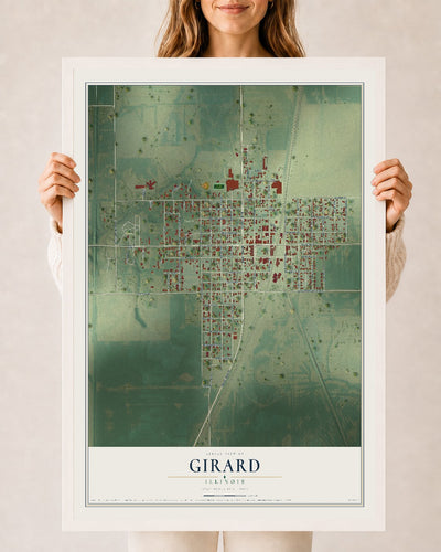 Map of Girard, Illinois, 24 x 36 inch print in a white wood frame