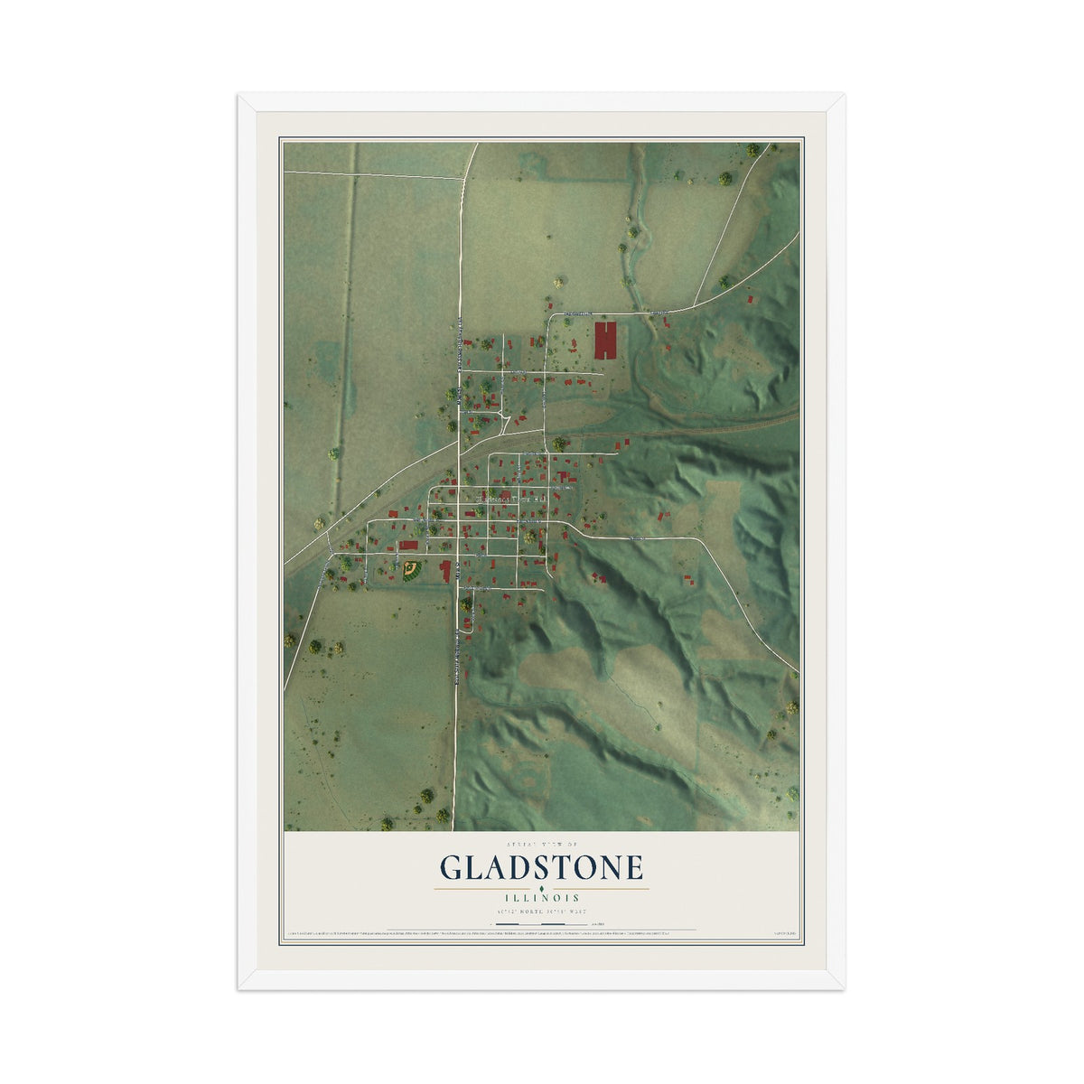 Map of Gladstone, Illinois, 12 x 18 inch print in a white wood frame