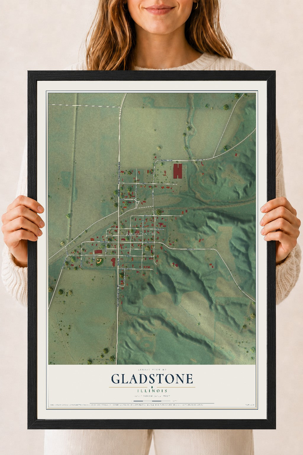 Map of Gladstone, Illinois, 18 x 24 inch print in a black wood frame