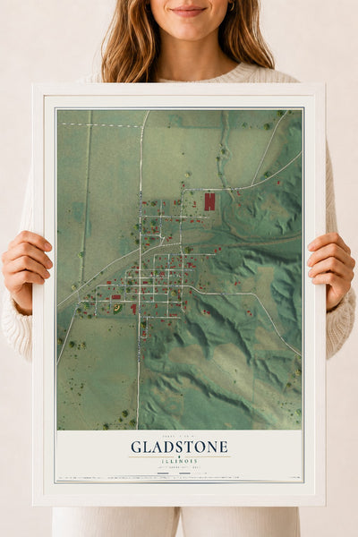 Map of Gladstone, Illinois, 18 x 24 inch print in a white wood frame