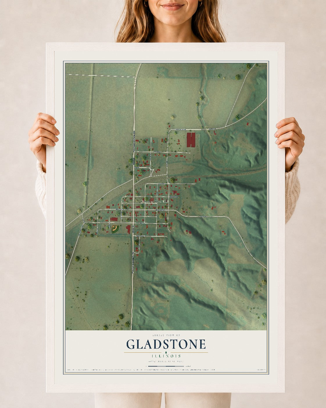 Map of Gladstone, Illinois, 24 x 36 inch print in a white wood frame