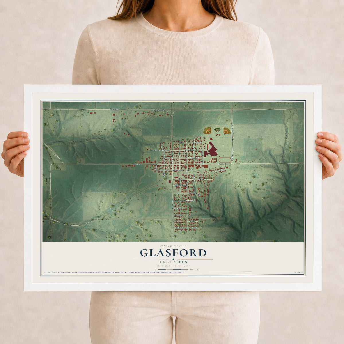 Map of Glasford, Illinois, 12 x 18 inch print in a white wood frame