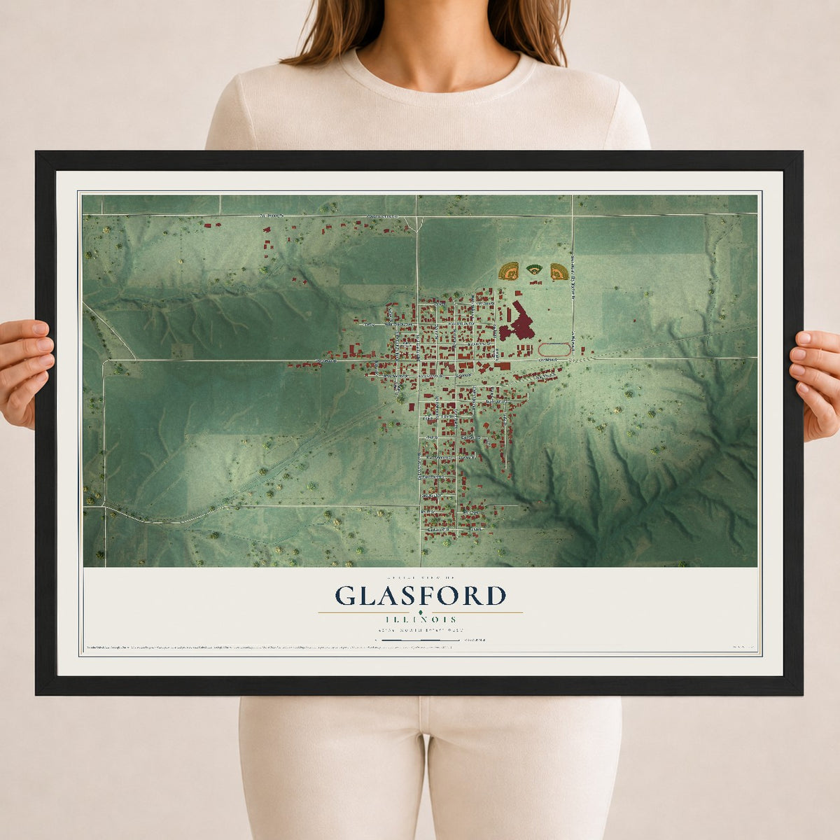 Map of Glasford, Illinois, 18 x 24 inch print in a black wood frame