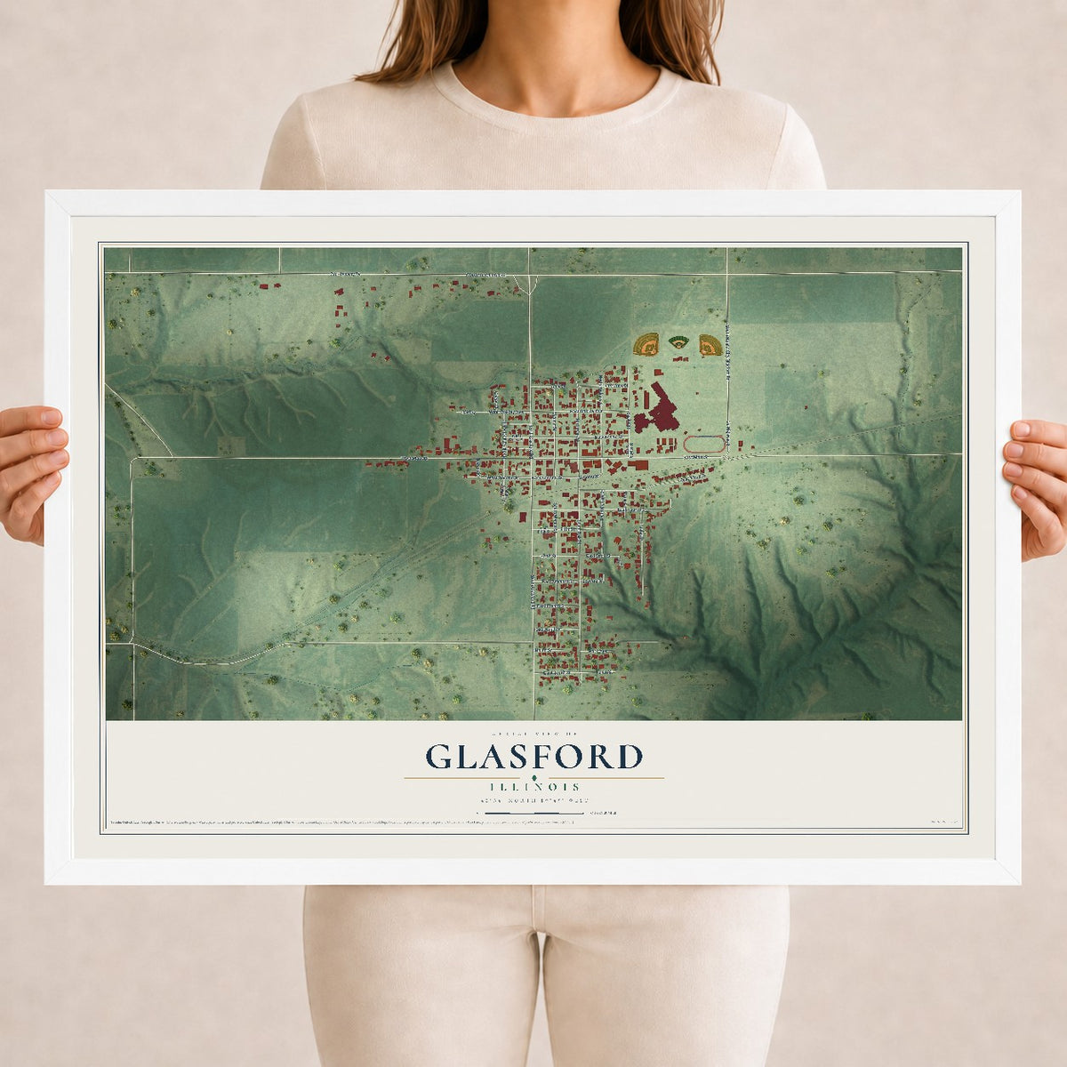 Map of Glasford, Illinois, 18 x 24 inch print in a white wood frame