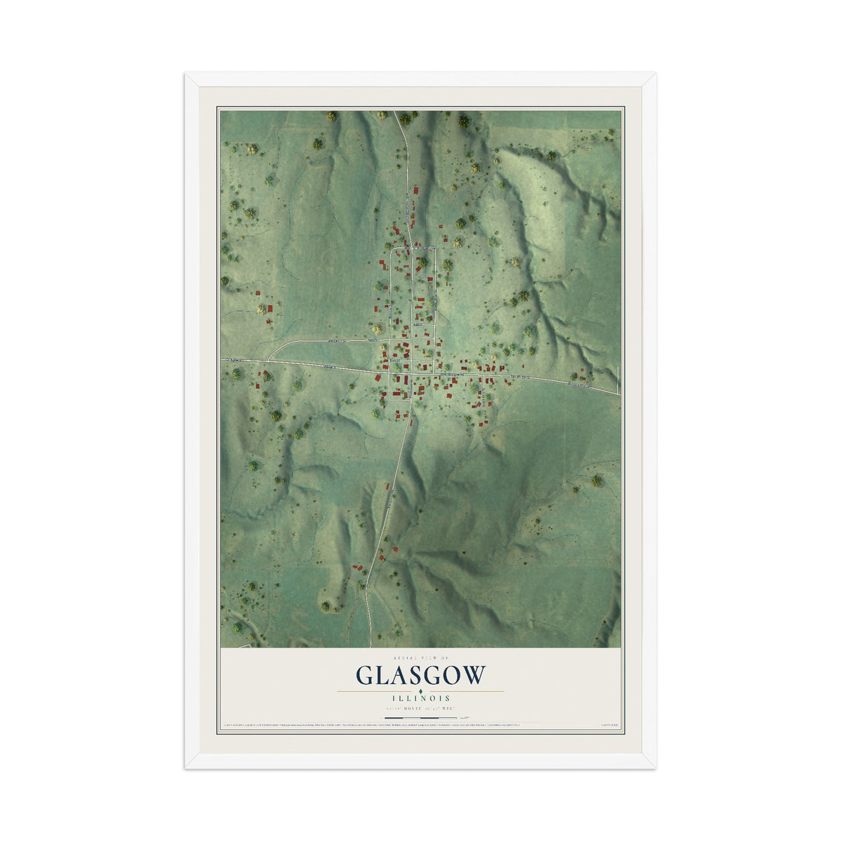 Map of Glasgow, Illinois, 12 x 18 inch print in a white wood frame