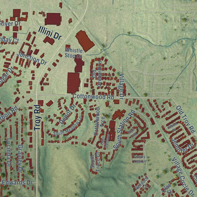 Close-up of the map of Glen Carbon, Illinois print showing street and building detail