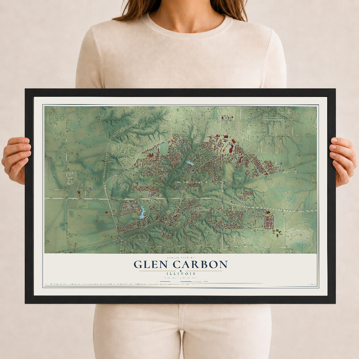 Map of Glen Carbon, Illinois, 12 x 18 inch print in a black wood frame