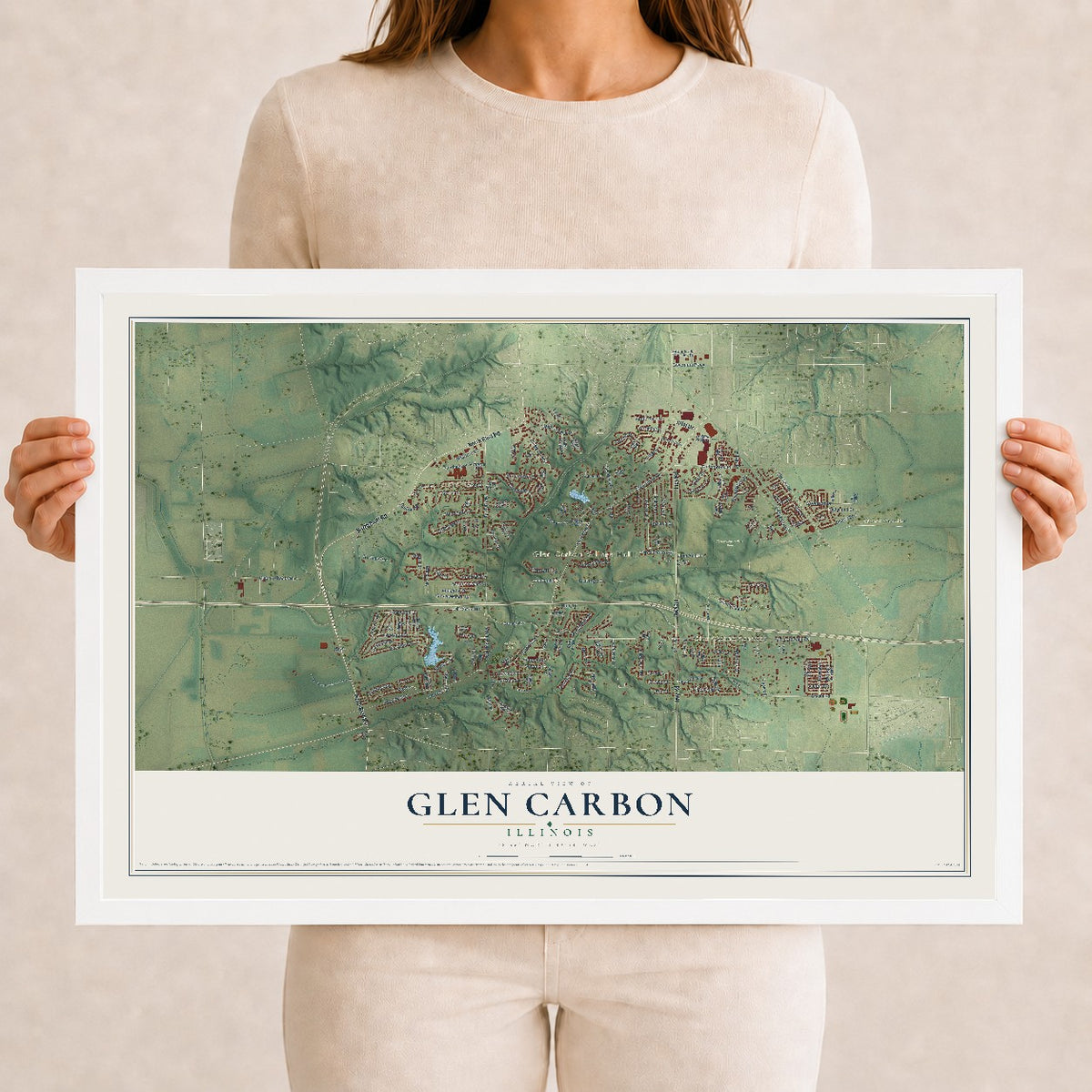 Map of Glen Carbon, Illinois, 12 x 18 inch print in a white wood frame