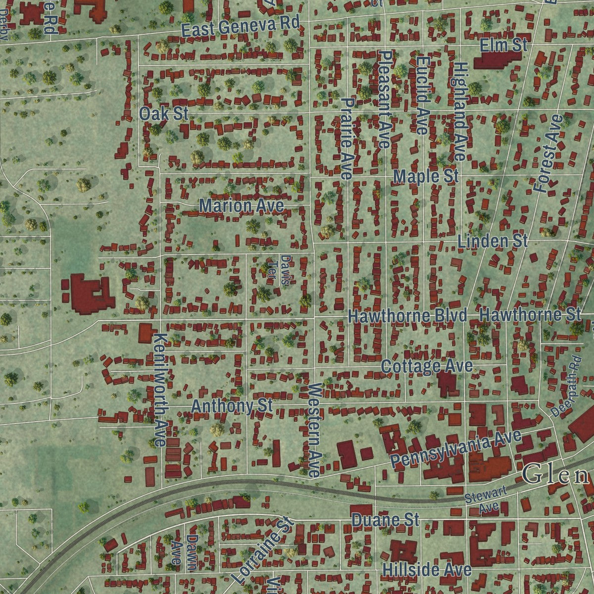 Second close-up of the map of Glen Ellyn, Illinois print showing more streets and buildings