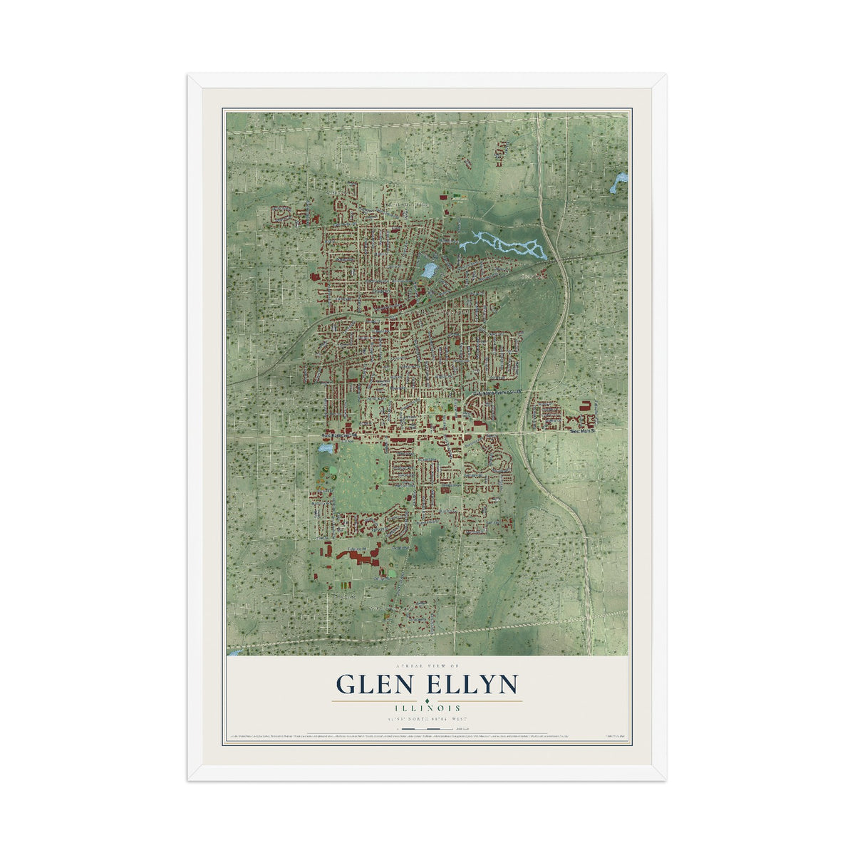 Map of Glen Ellyn, Illinois, 12 x 18 inch print in a white wood frame