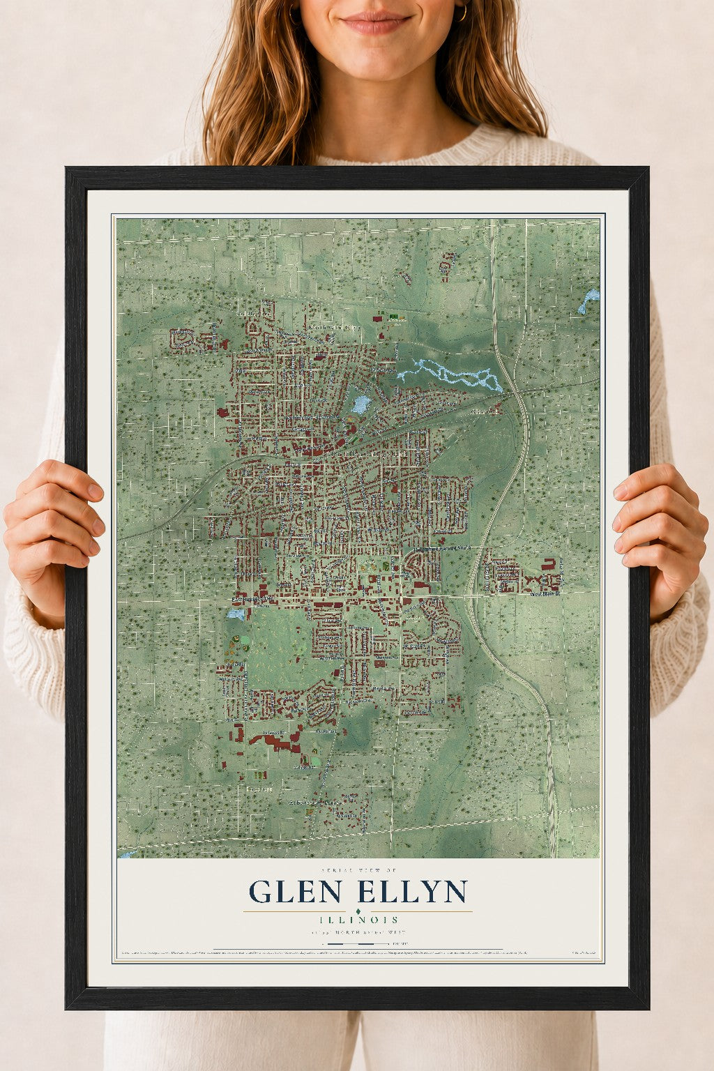 Map of Glen Ellyn, Illinois, 18 x 24 inch print in a black wood frame