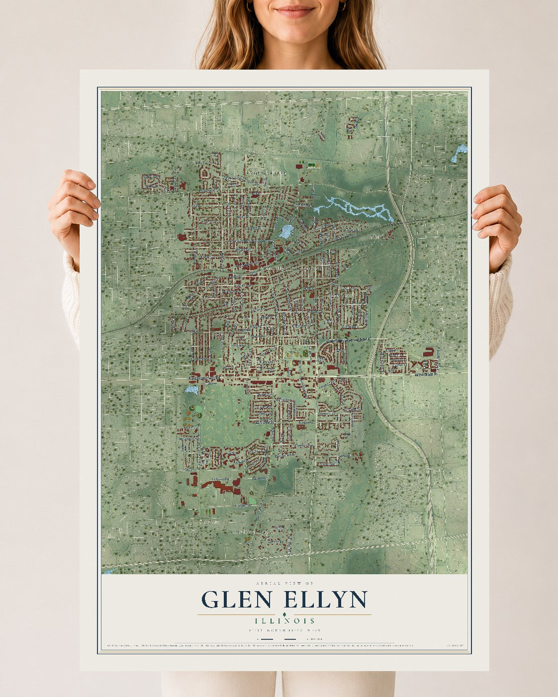 Map of Glen Ellyn, Illinois, 24 x 36 inch unframed archival matte print