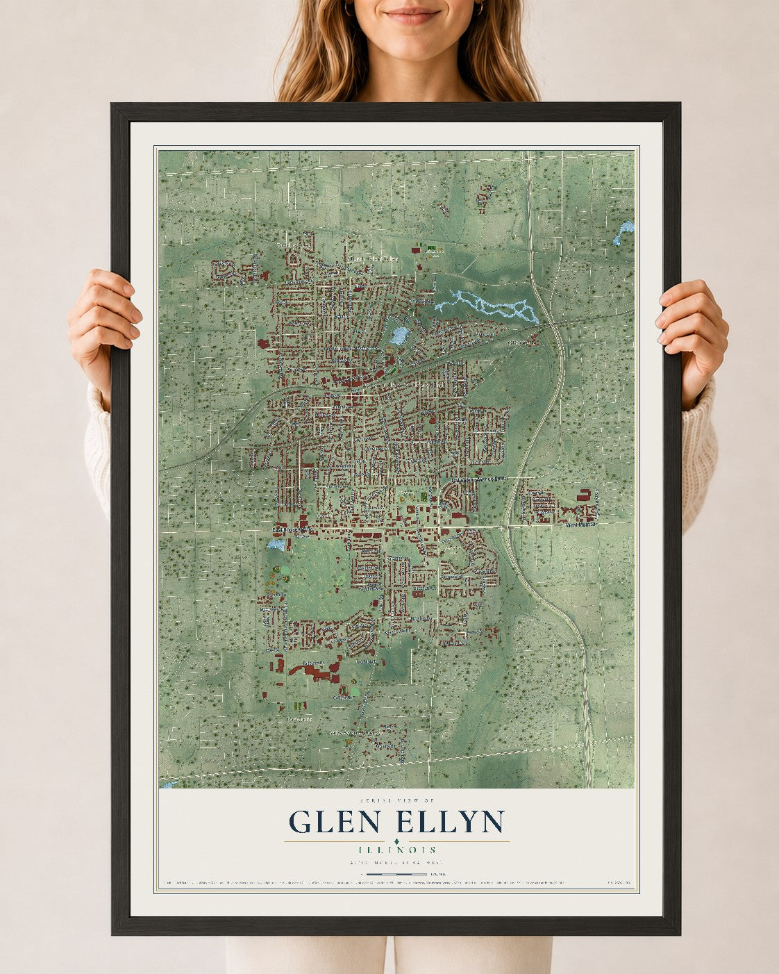 Map of Glen Ellyn, Illinois, 24 x 36 inch print in a black wood frame