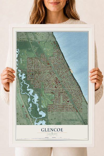 Map of Glencoe, Illinois, 18 x 24 inch print in a white wood frame