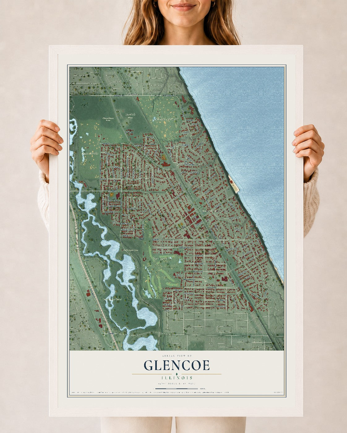 Map of Glencoe, Illinois, 24 x 36 inch print in a white wood frame