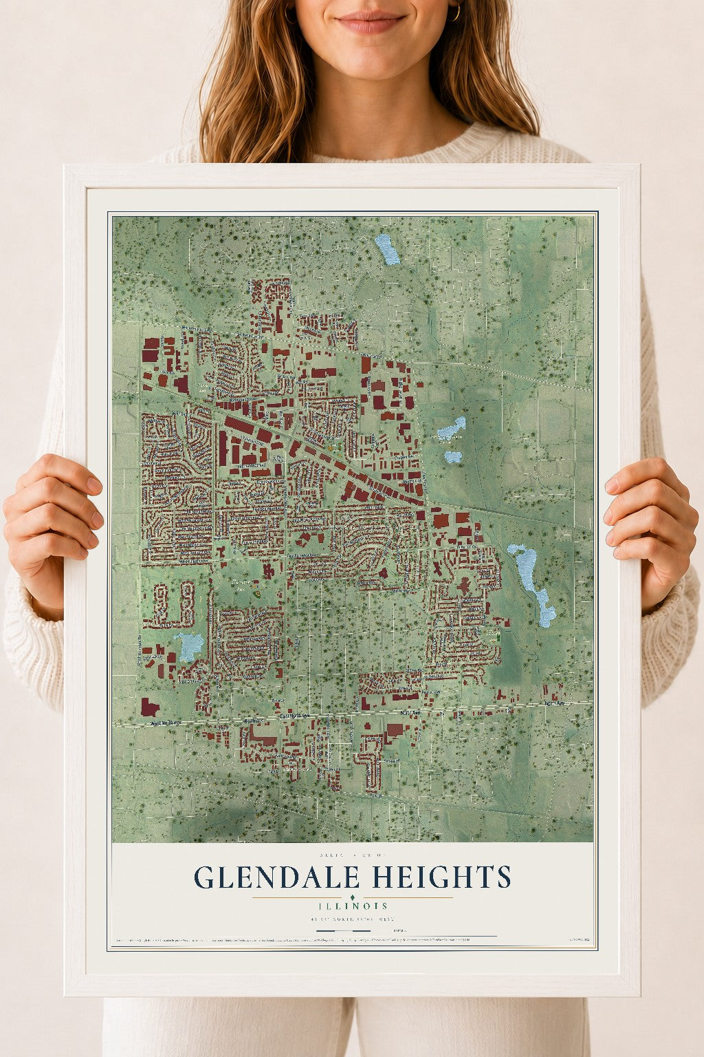 Map of Glendale Heights, Illinois, 18 x 24 inch print in a white wood frame