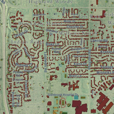 Close-up of the map of Glenview, Illinois print showing street and building detail