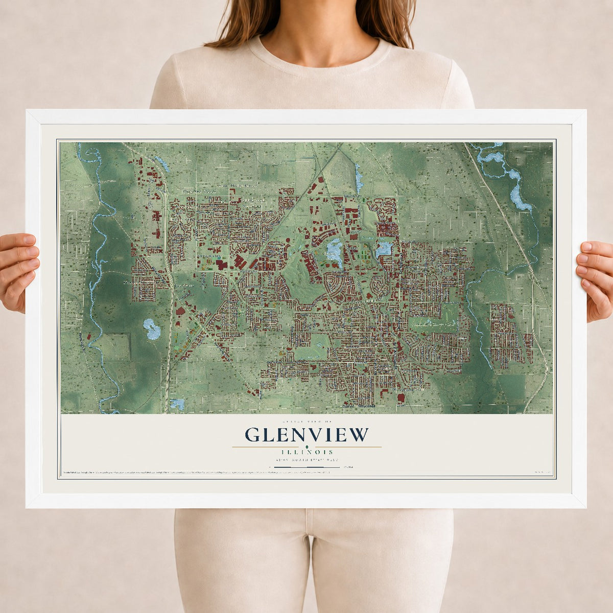 Map of Glenview, Illinois, 18 x 24 inch print in a white wood frame