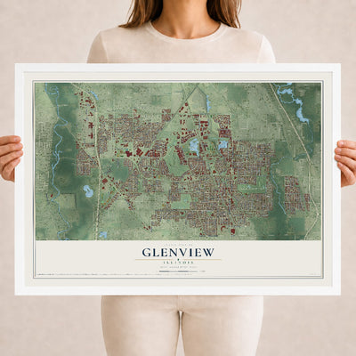 Map of Glenview, Illinois, 18 x 24 inch print in a white wood frame