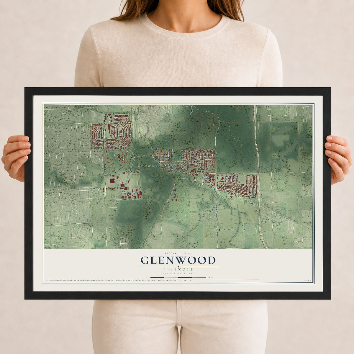 Map of Glenwood, Illinois, 12 x 18 inch print in a black wood frame