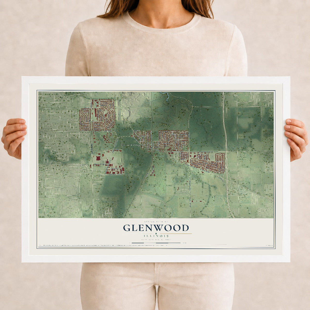 Map of Glenwood, Illinois, 12 x 18 inch print in a white wood frame