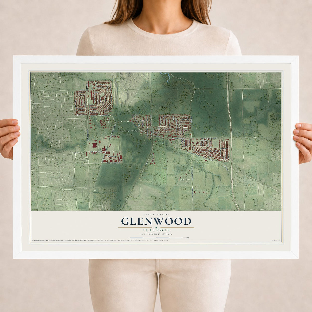 Map of Glenwood, Illinois, 18 x 24 inch print in a white wood frame