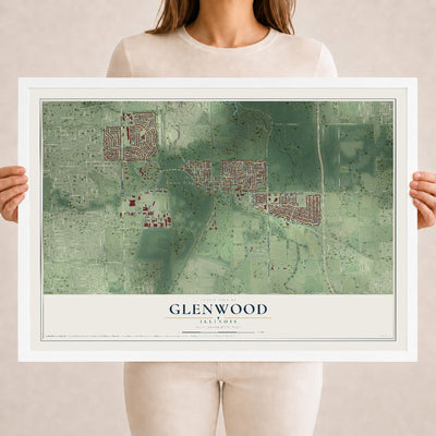Map of Glenwood, Illinois, 18 x 24 inch print in a white wood frame