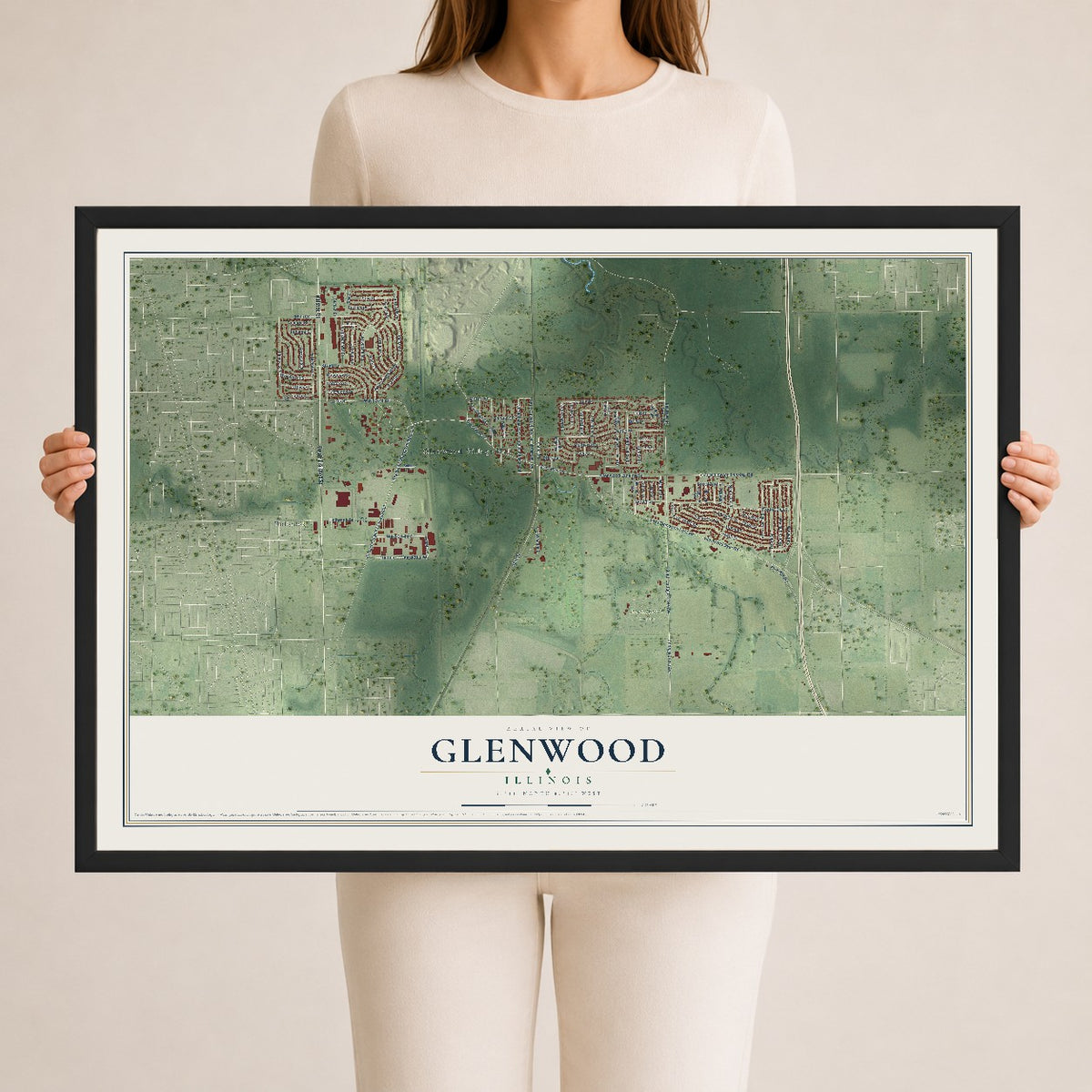 Map of Glenwood, Illinois, 24 x 36 inch print in a black wood frame