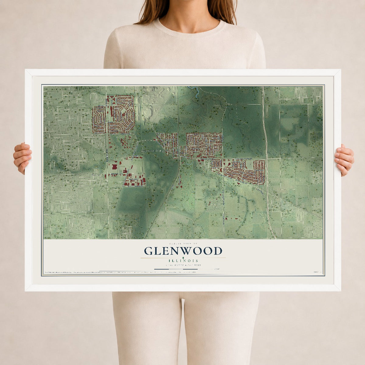 Map of Glenwood, Illinois, 24 x 36 inch print in a white wood frame