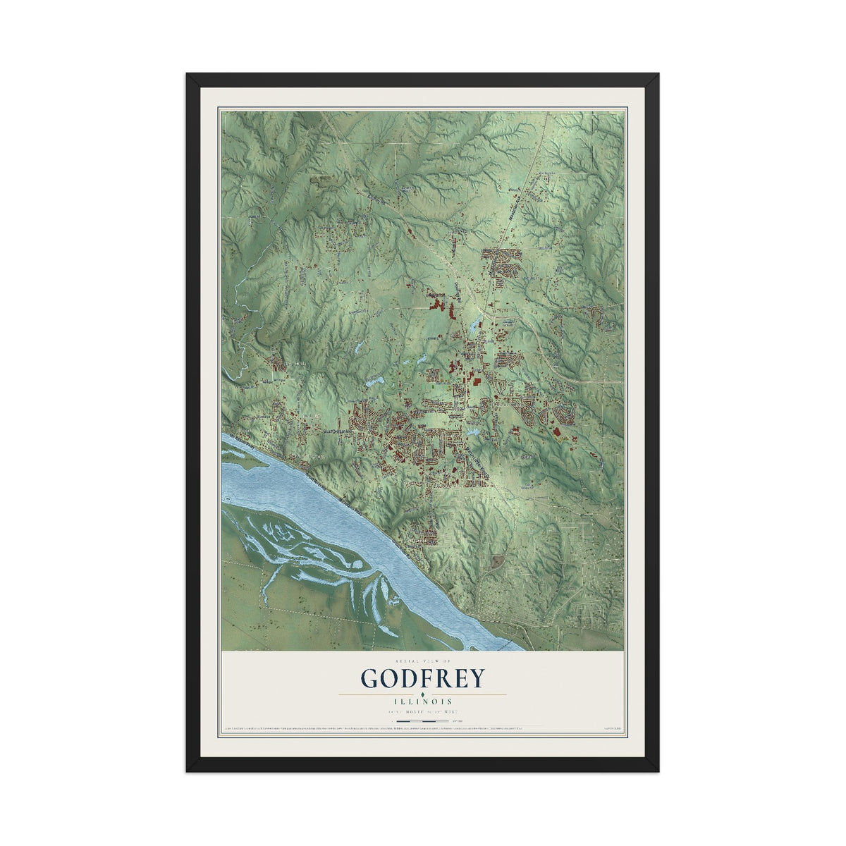 Map of Godfrey, Illinois, 12 x 18 inch print in a black wood frame