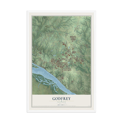 Map of Godfrey, Illinois, 12 x 18 inch print in a white wood frame