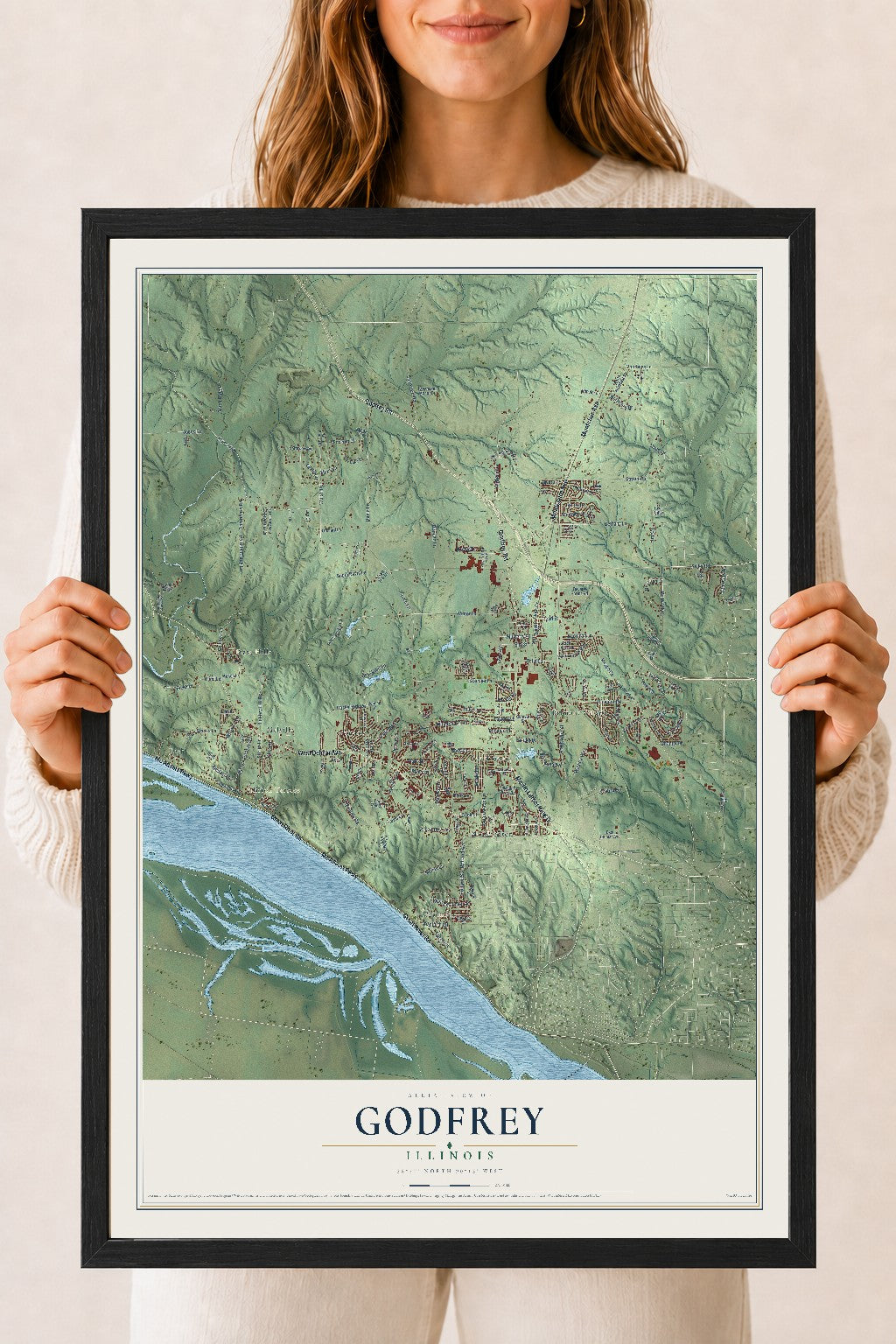 Map of Godfrey, Illinois, 18 x 24 inch print in a black wood frame