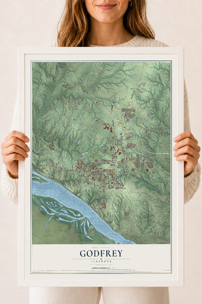 Map of Godfrey, Illinois, 18 x 24 inch print in a white wood frame
