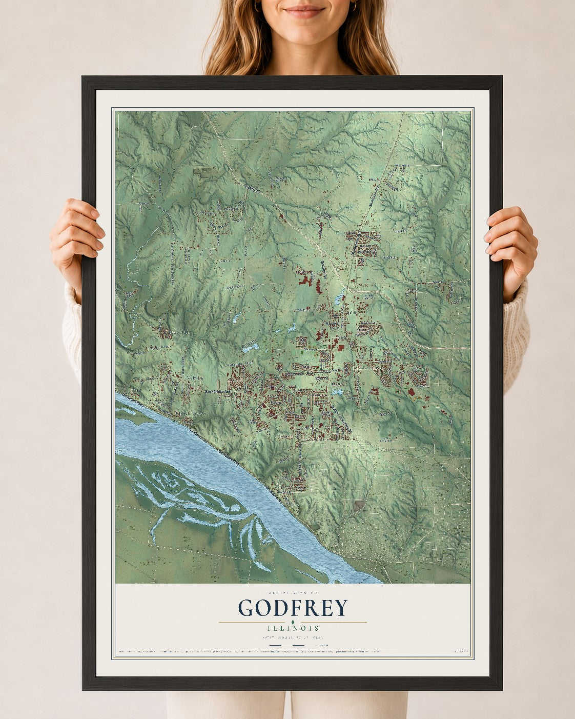 Map of Godfrey, Illinois, 24 x 36 inch print in a black wood frame