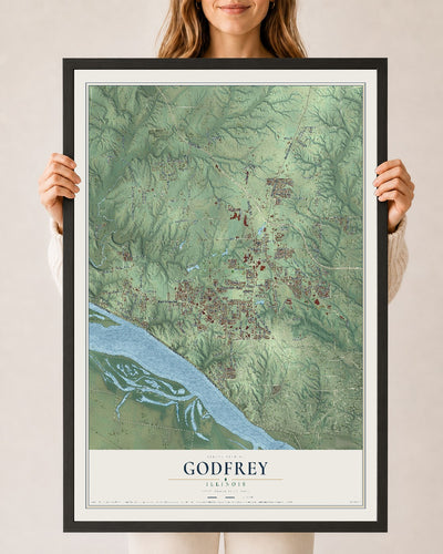 Map of Godfrey, Illinois, 24 x 36 inch print in a black wood frame
