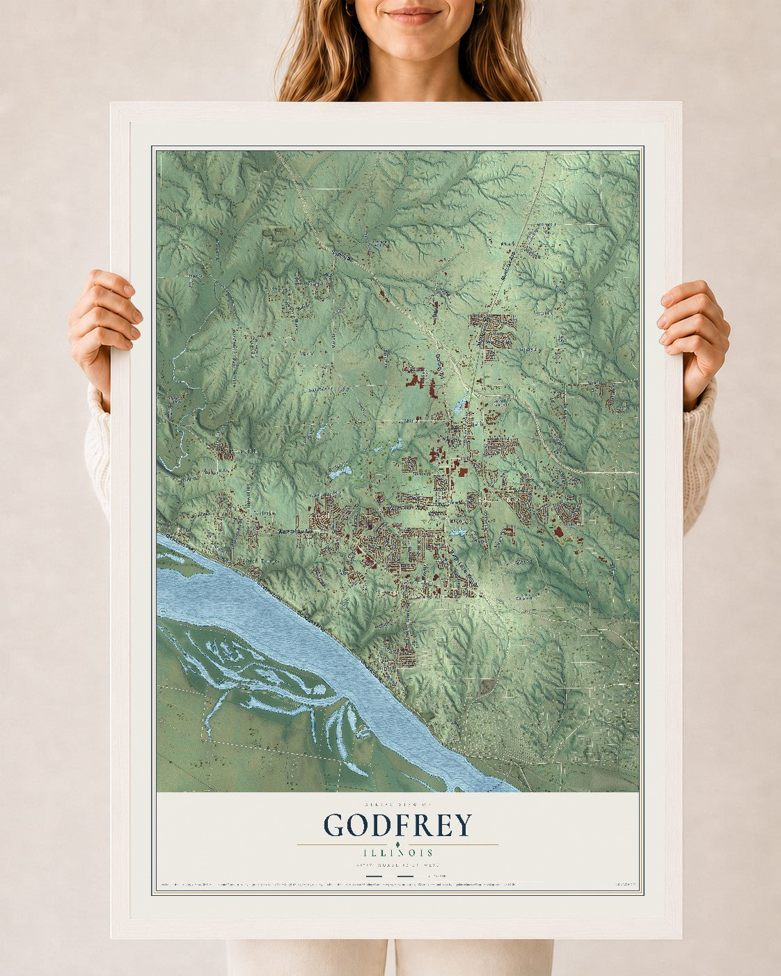 Map of Godfrey, Illinois, 24 x 36 inch print in a white wood frame