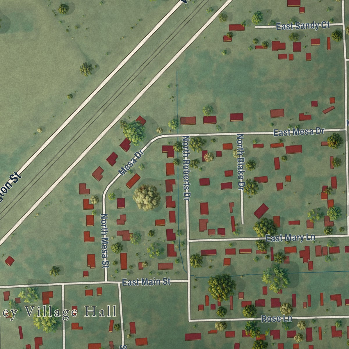 Close-up of the map of Godley, Illinois print showing street and building detail