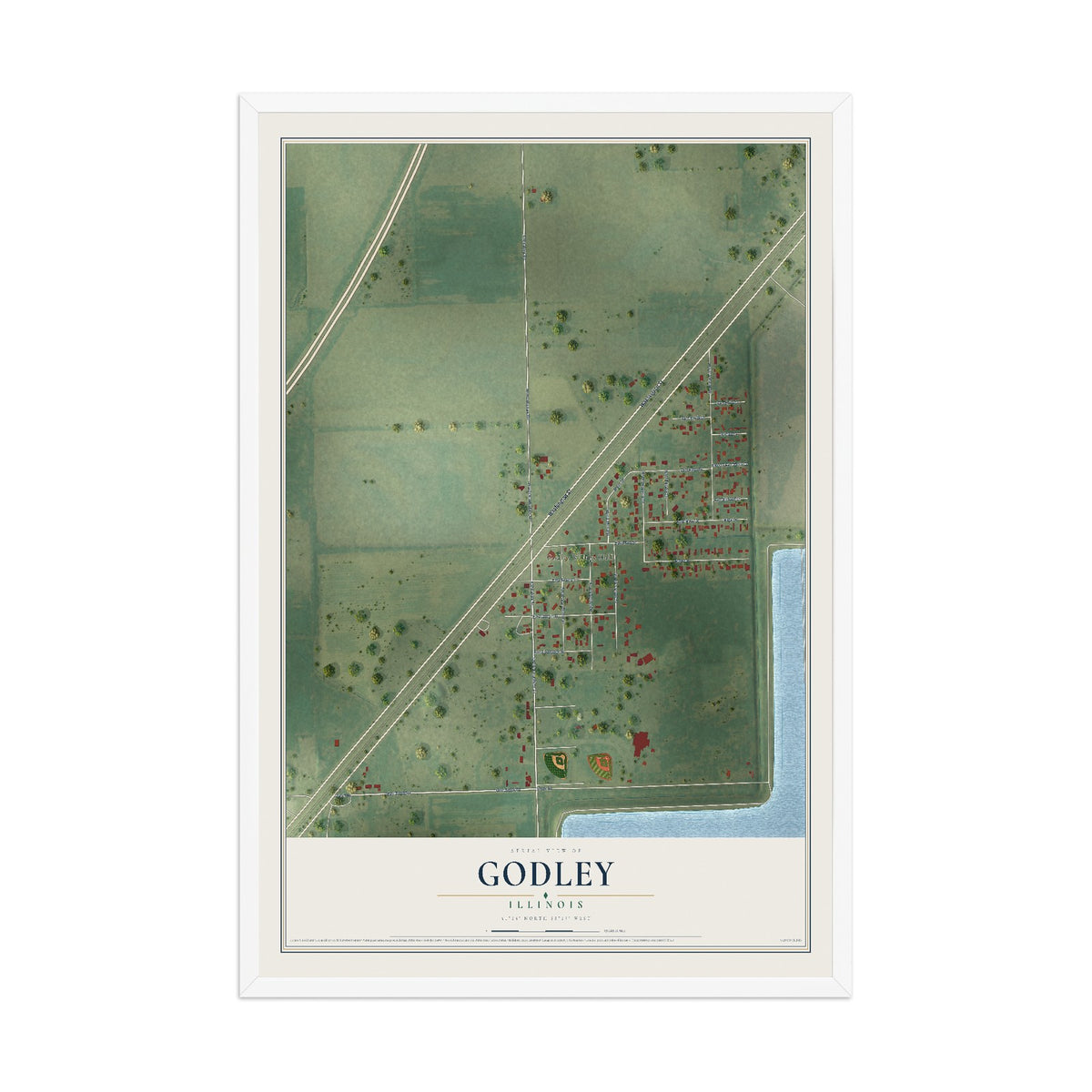 Map of Godley, Illinois, 12 x 18 inch print in a white wood frame