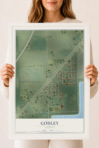 Map of Godley, Illinois, 18 x 24 inch print in a white wood frame
