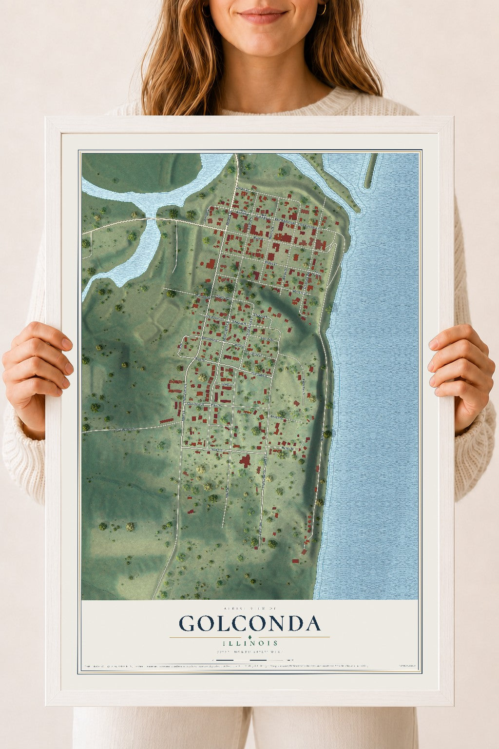 Map of Golconda, Illinois, 18 x 24 inch print in a white wood frame