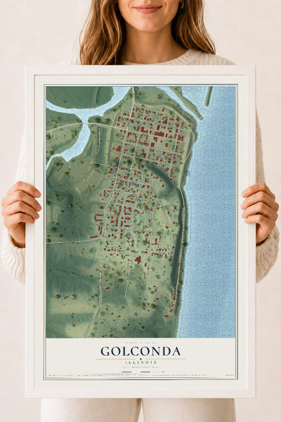 Map of Golconda, Illinois, 18 x 24 inch print in a white wood frame
